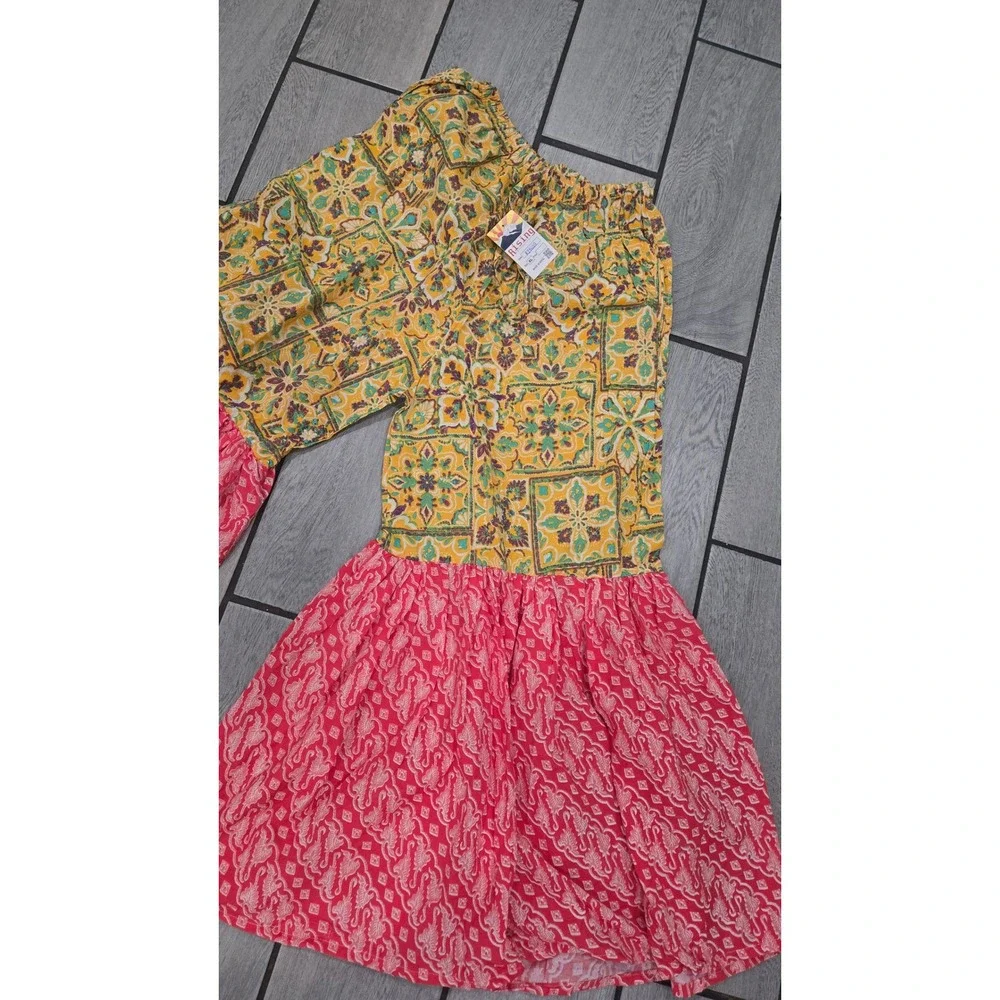 Rising International Boho Cotton Bell Bottom Pants Pink Yellow Batik Print XL